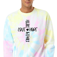 Load image into Gallery viewer, LOVE FAITH FAMILY AND HOPE CROSS TIE DYE CREWNECK SWEATSHIRT
