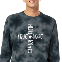 Load image into Gallery viewer, LOVE FAITH FAMILY AND HOPE CROSS TIE DYE CREWNECK SWEATSHIRT
